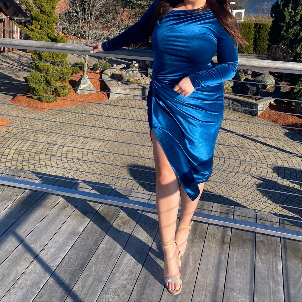 New York & Company Blue Asymmetrical Ruched Cocktail Dress